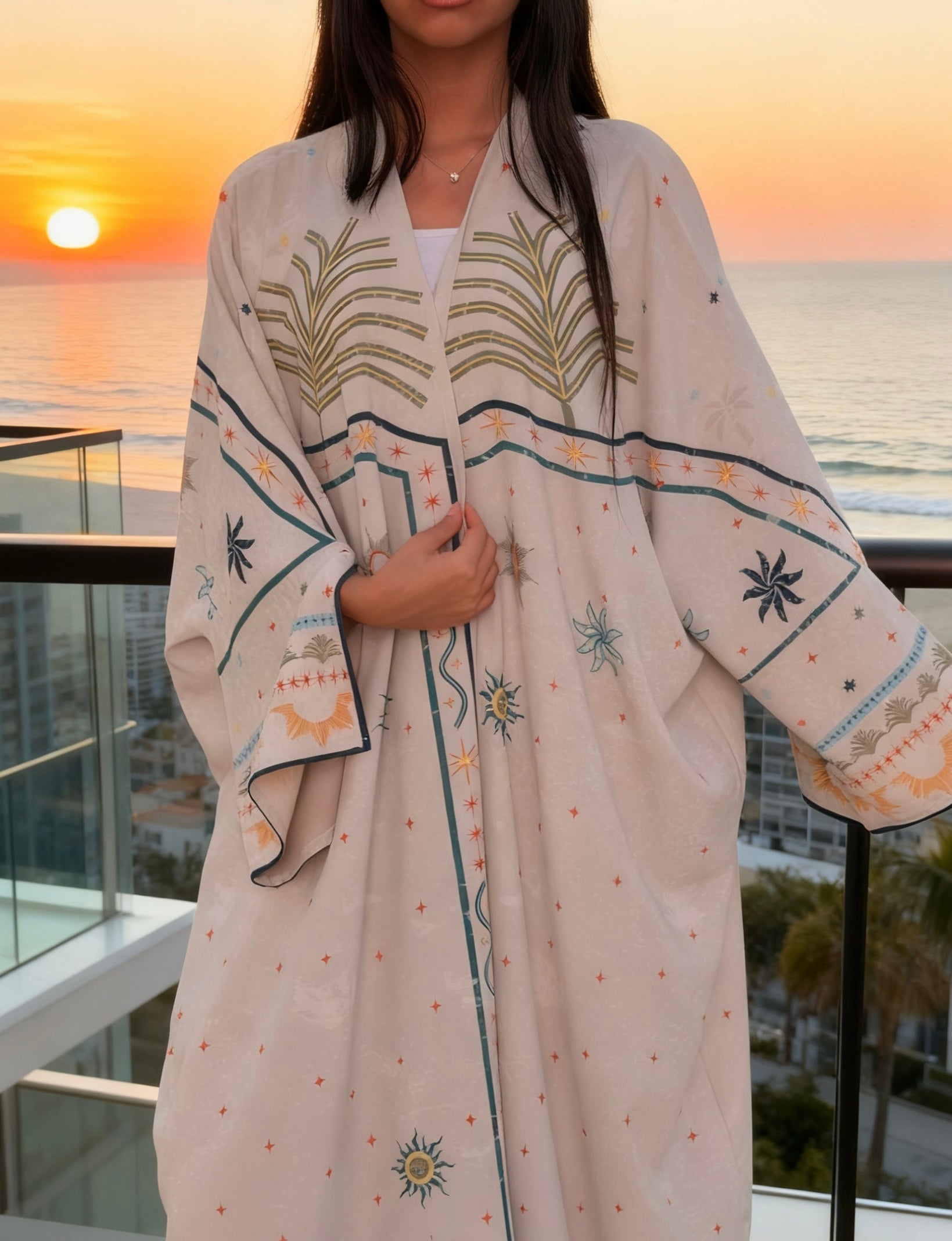 Premium printed abaya in silk fabric with resort-inspired design