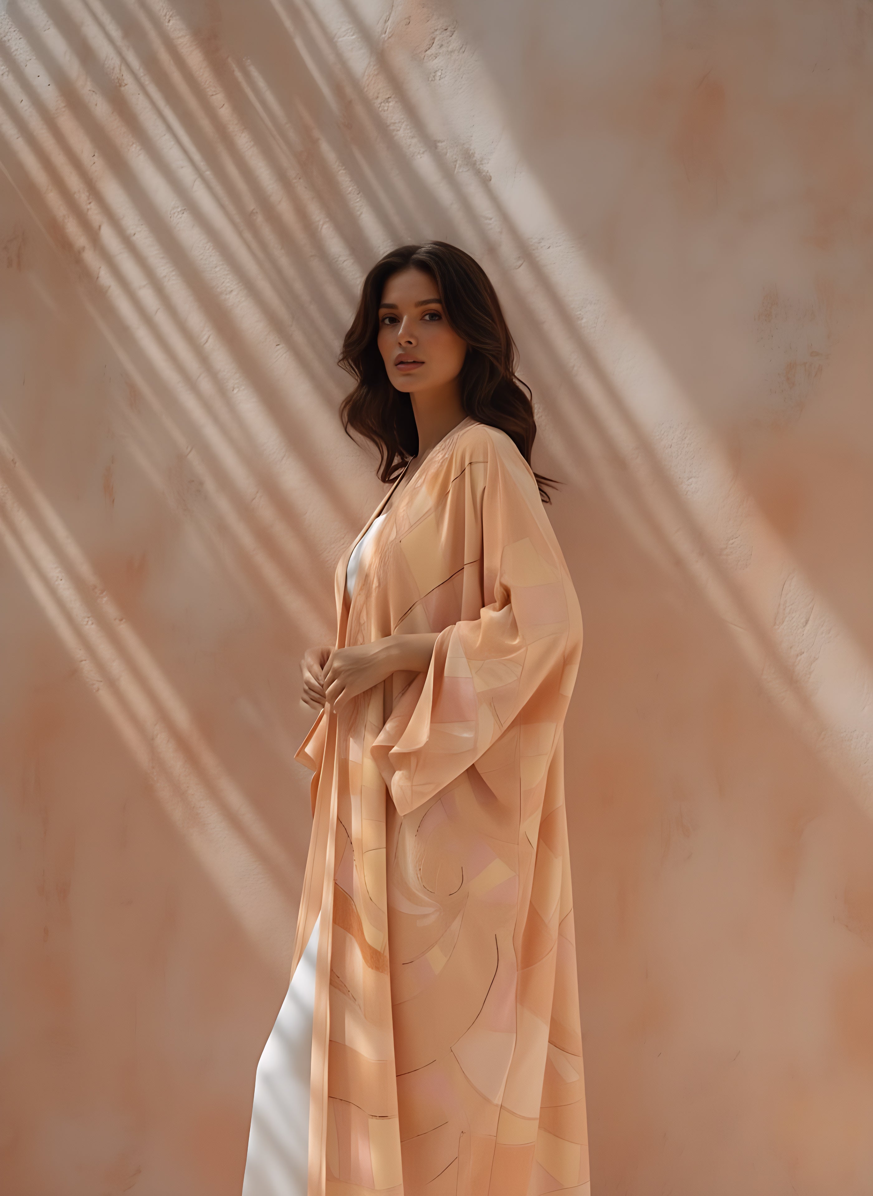 Art-inspired printed abaya in matte silk — resortwear look by The Untitled Project.