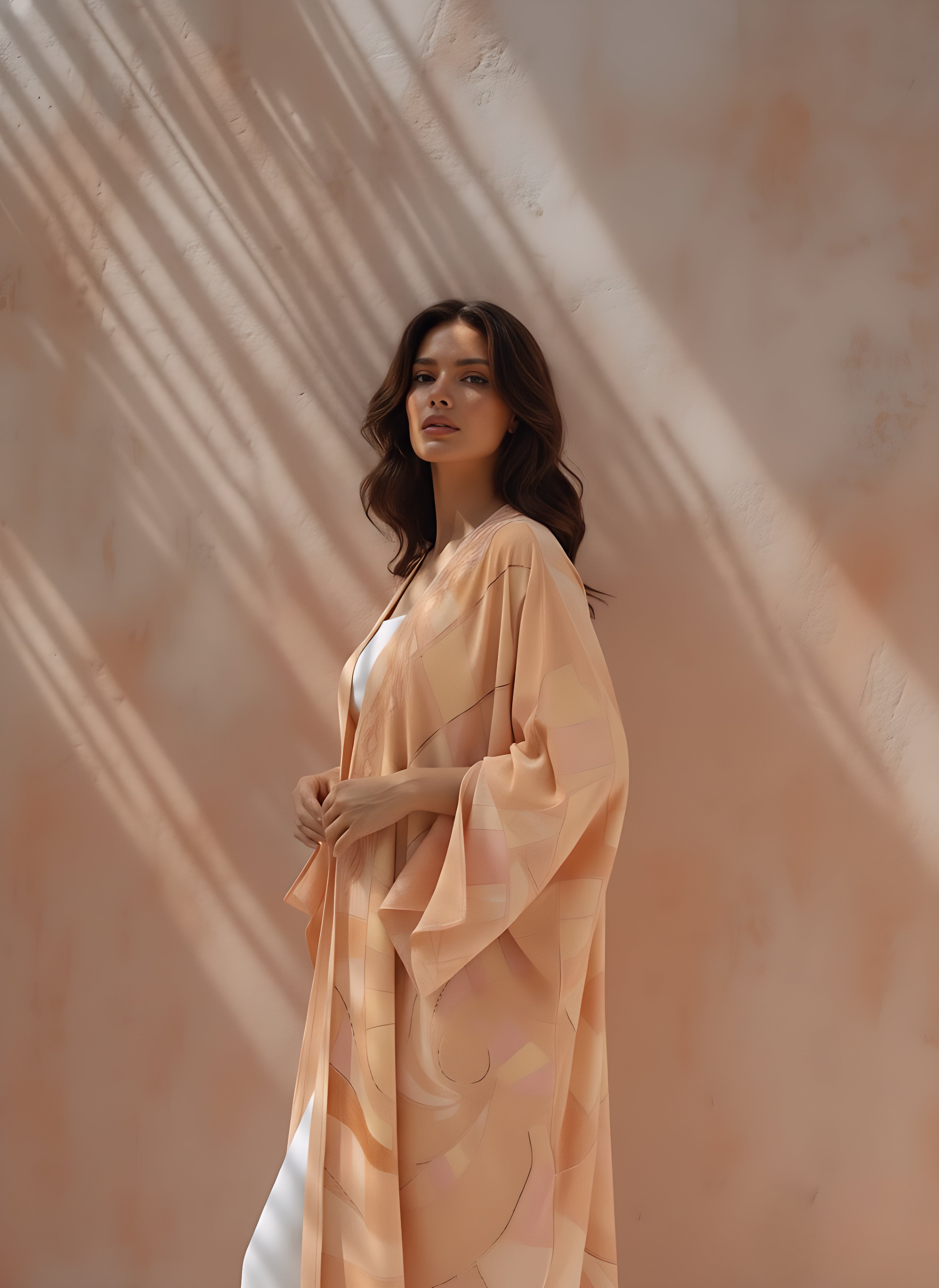 Art-inspired printed abaya in matte silk — resortwear look by The Untitled Project.