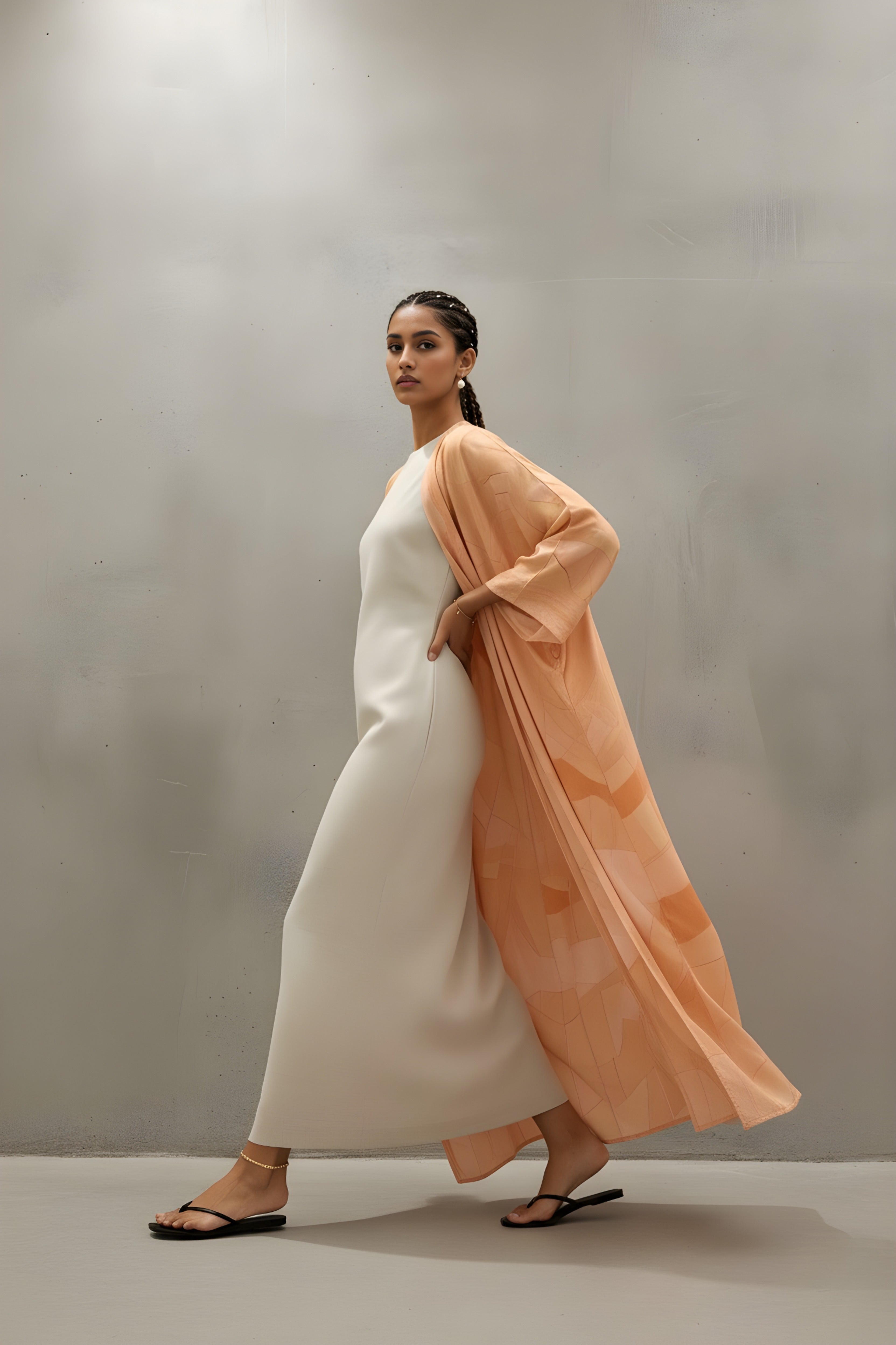 Luxury matte silk abaya in soft peach tones — Blushed Without Warning by The Untitled Project, inspired by modern Saudi resortwear.