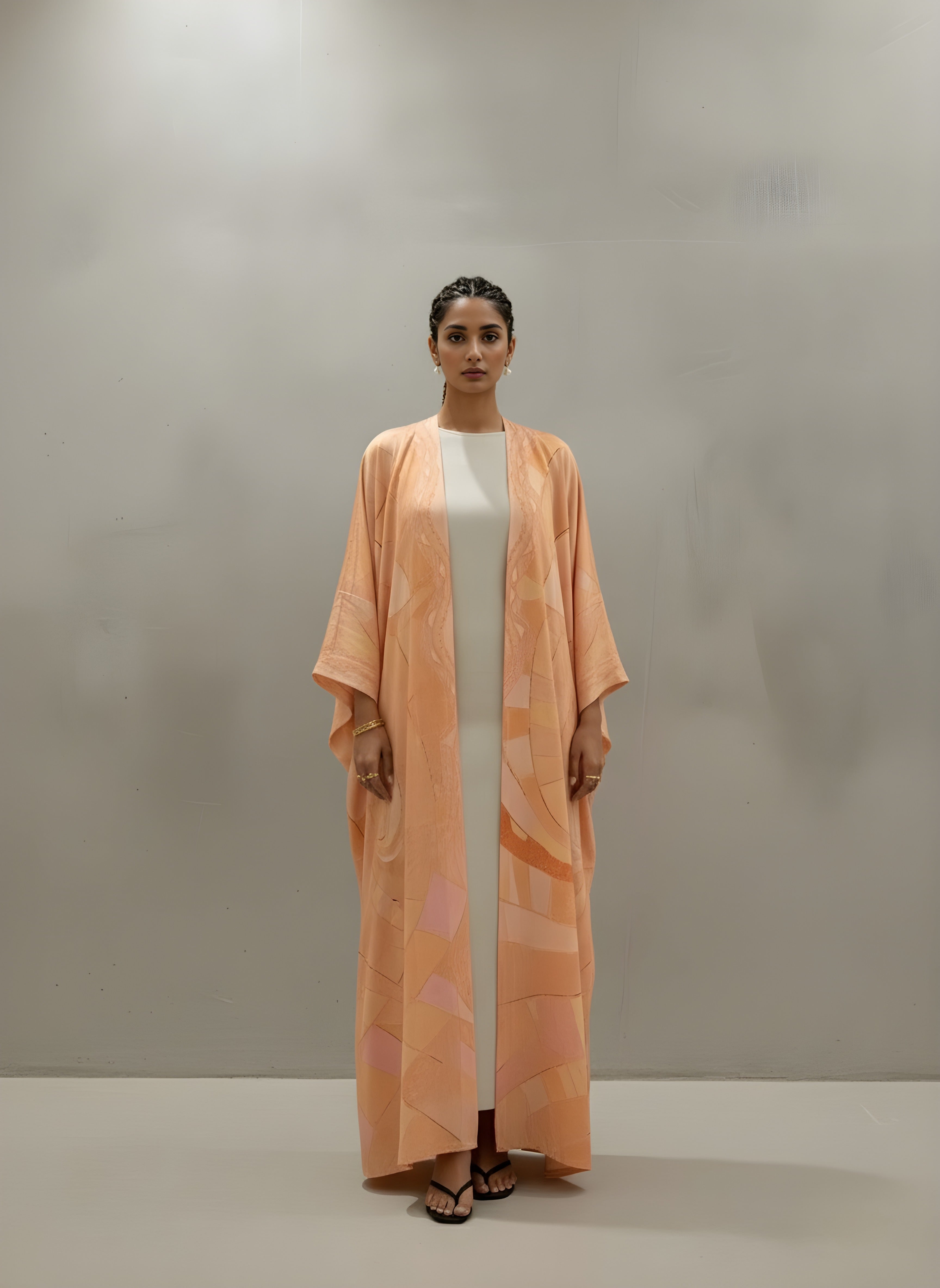 Full-length matte silk abaya in peach with artistic print — sustainable resortwear piece from The Untitled Project.
