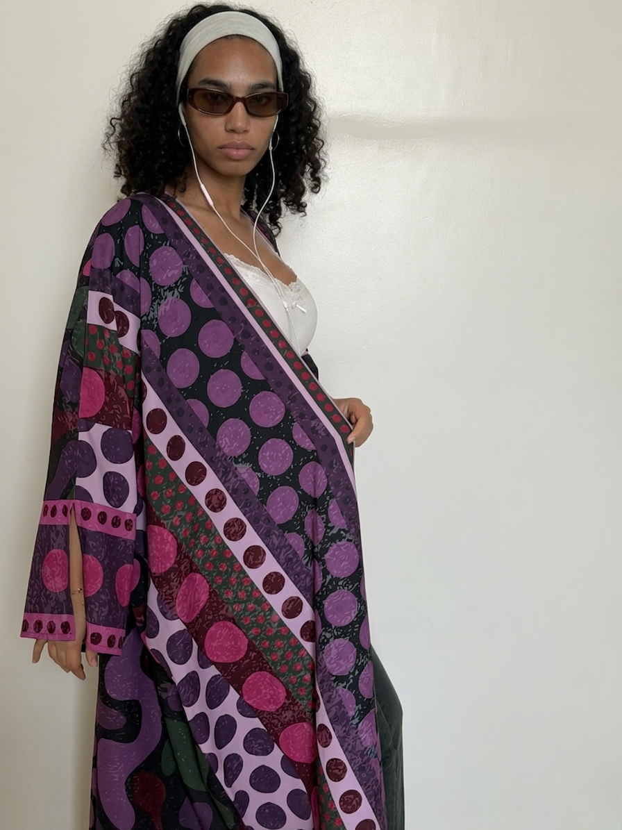 Model wearing a purple patterned abaya with wide sleeves and flowing shape
