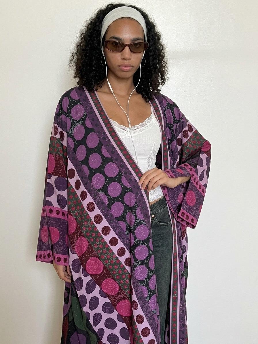 Printed purple open front abaya with wide sleeves and silky finish