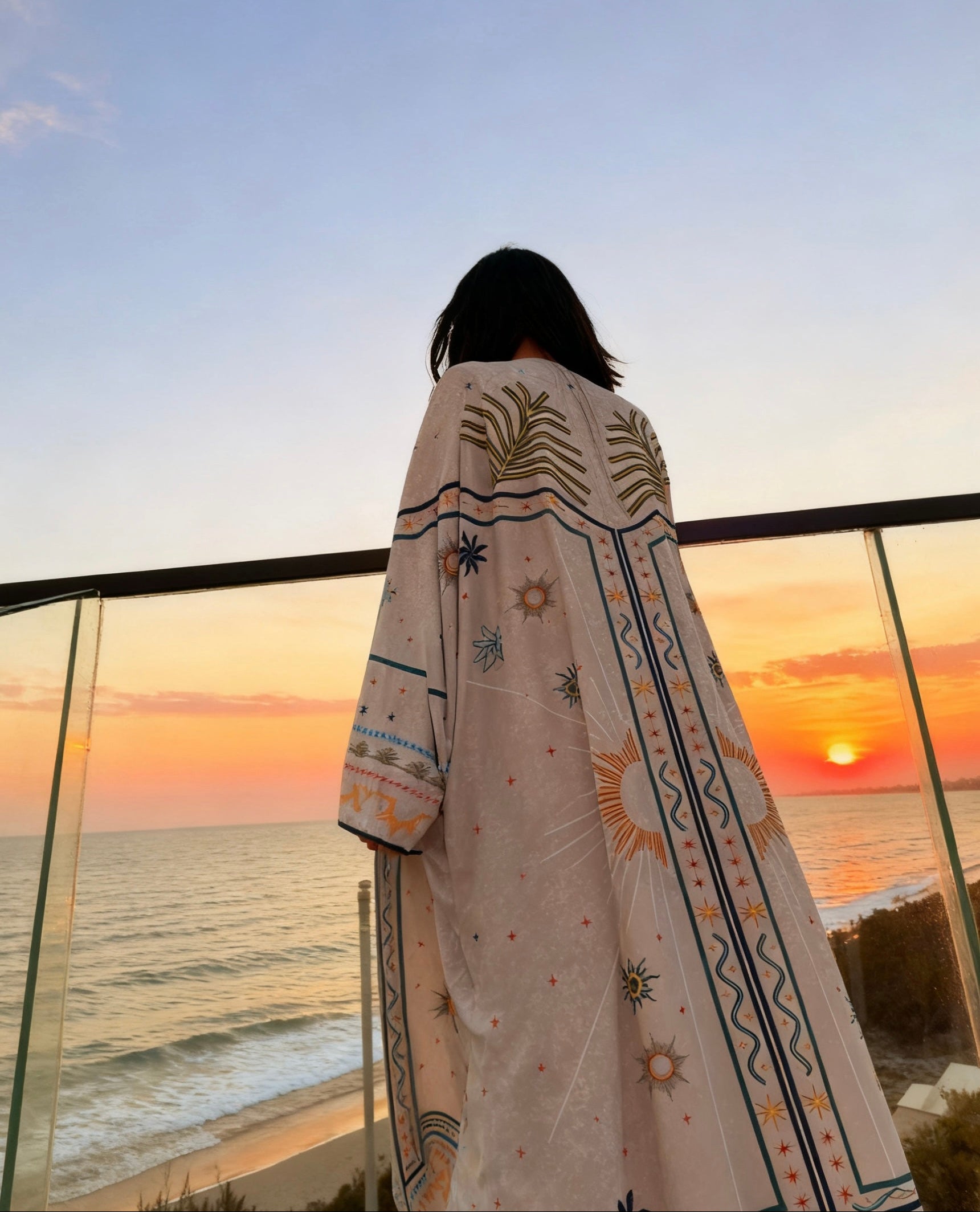 Resort wear abaya with palm print designed for summer in KSA