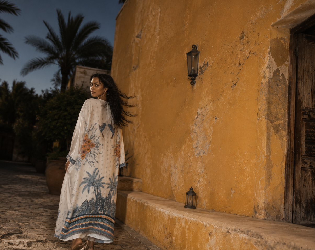 A woman wearing a long white kaftan dress with blue and orange palm tree and sun motifs stands beside a rustic yellow wall in a Mediterranean-style setting.