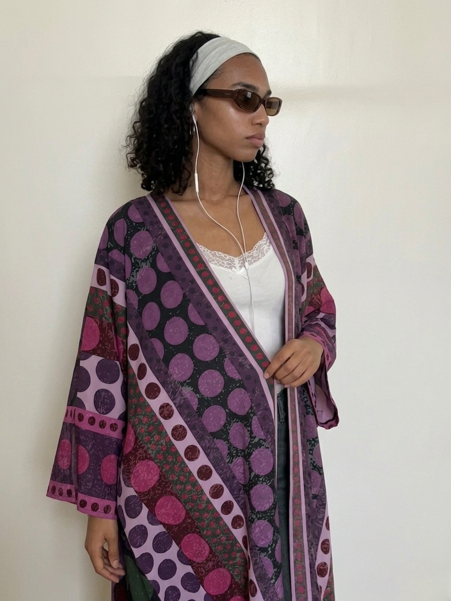 Front view of a modest purple printed abaya with wide sleeves