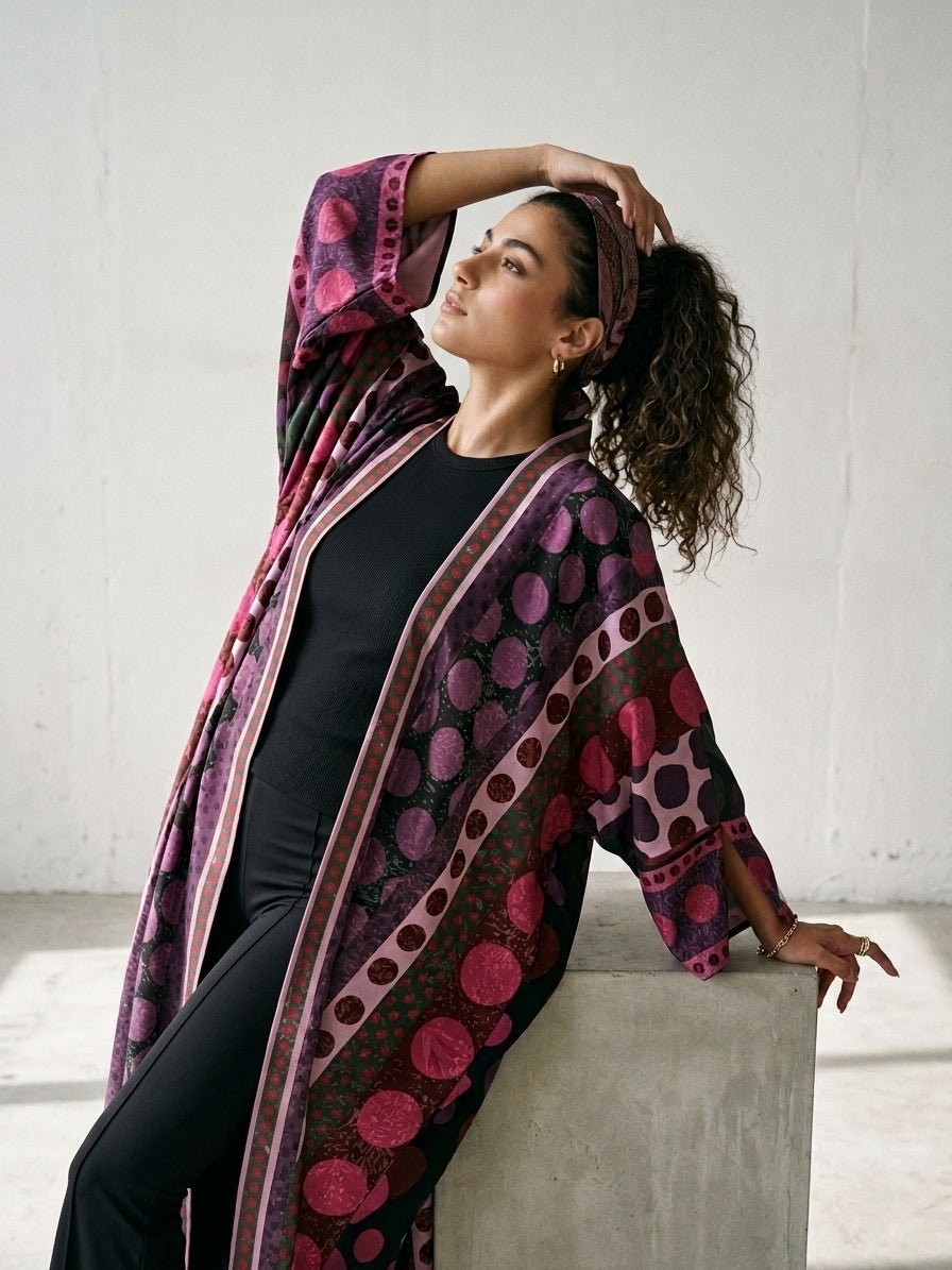 Detail view of a purple printed satin feel abaya with bold circular pattern
