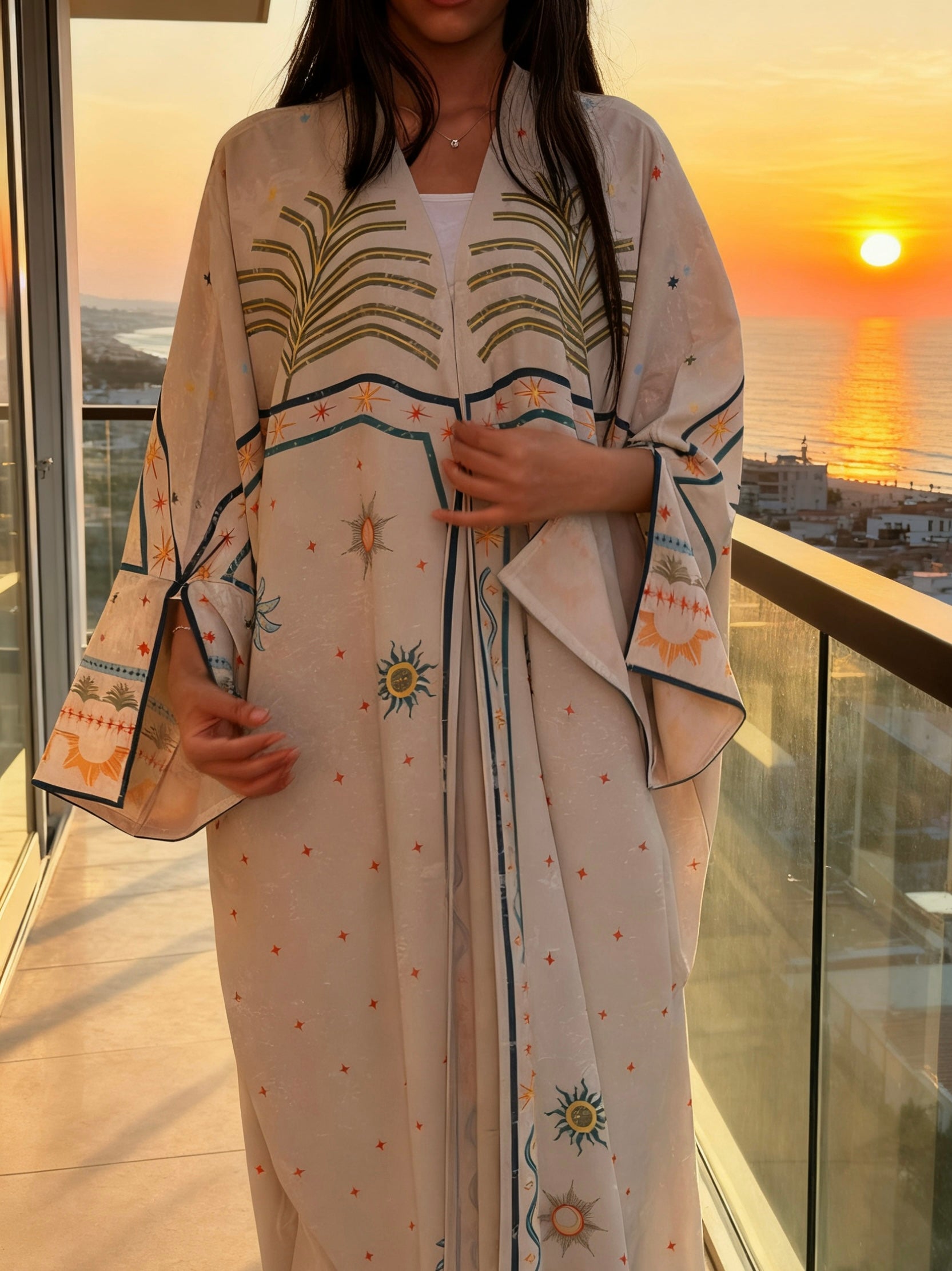 Elegant summer abaya with palm tree print and scarf