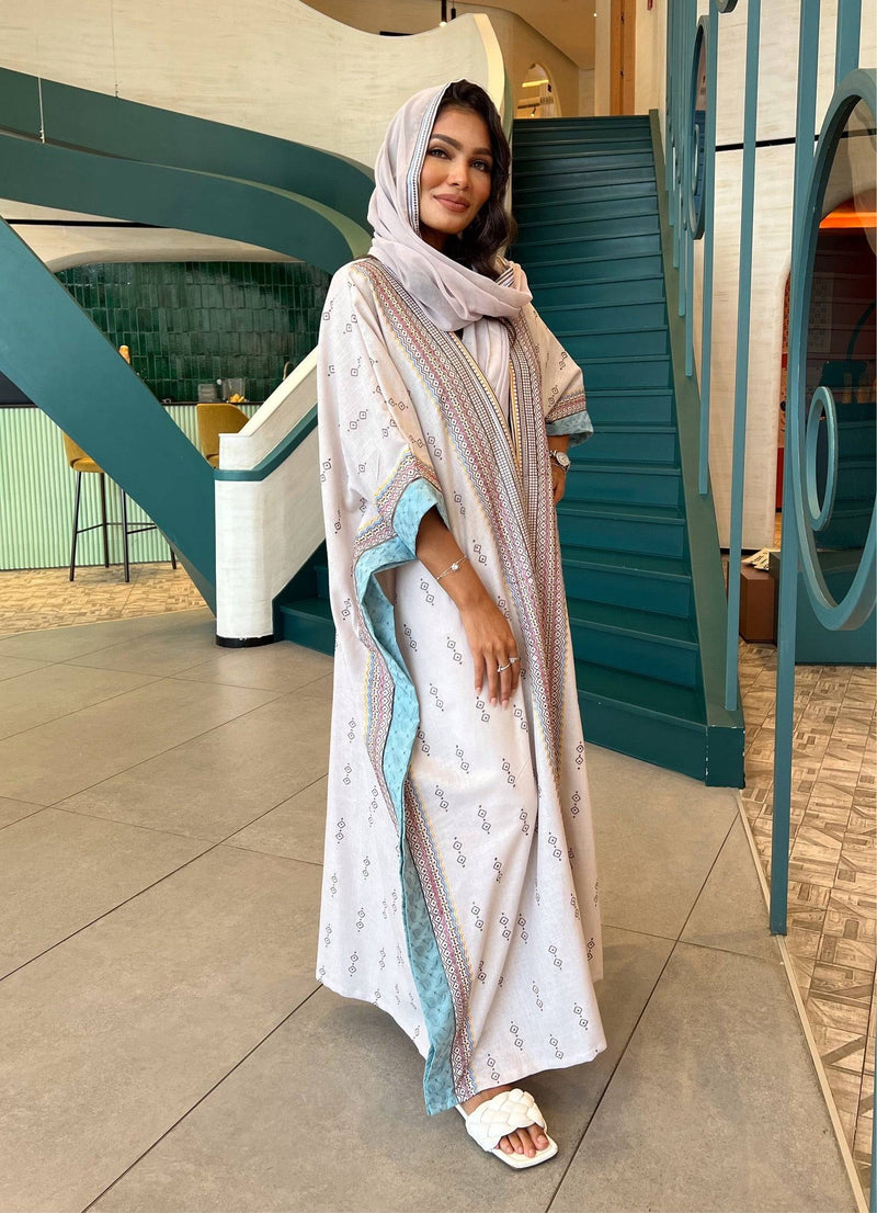 Full-length view of Fatina Abaya & Scarf Set styled with white sandals and scarf, perfect for elegant day or evening wear.
